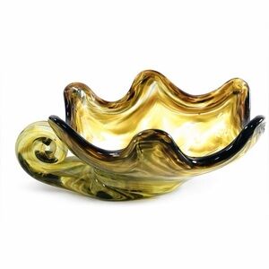 Sooner Art Glass Bowl Hand Blown Amber Swirl with Spiral Handle 7” Long